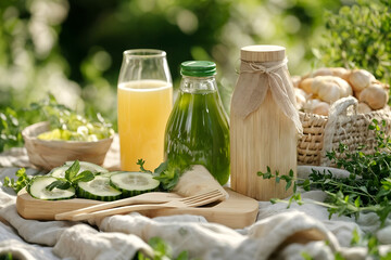 A zero-waste picnic featuring reusable wooden utensils, fresh fruits, and drinks in glass bottles. Natural materials and sustainability focus, perfect for eco-conscious lifestyle themes.