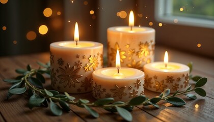 Burning candles with golden floral decorations and greenery