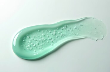 Fototapeta premium Cosmetic green gel close up. Skincare product sample with bubbles. Facial jelly serum, cleanser, shower gel or shampoo. Transparent fluid isolated on white background.