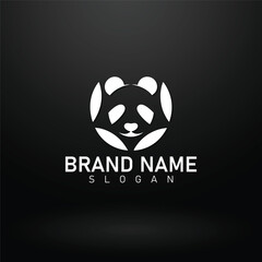Cute panda abstract logo template for business branding with vector icon illustration design on the Black Glossy background