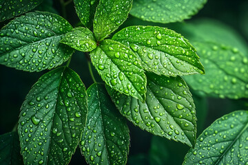 Close-up of fresh green leaves adorned with crystal-clear raindrops after a gentle spring rain. Bright natural lighting, ultra-detailed macro photography
