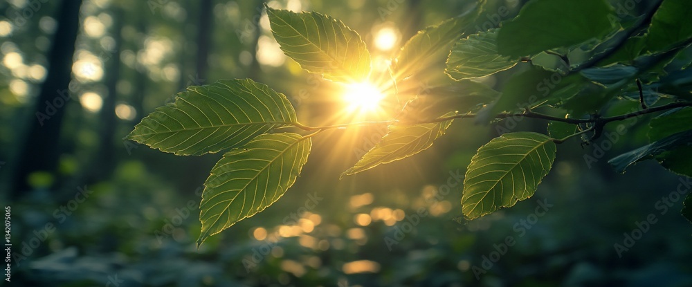 Aufkleber sunlight filtering through leaves in a serene forest setting creating a warm glow
