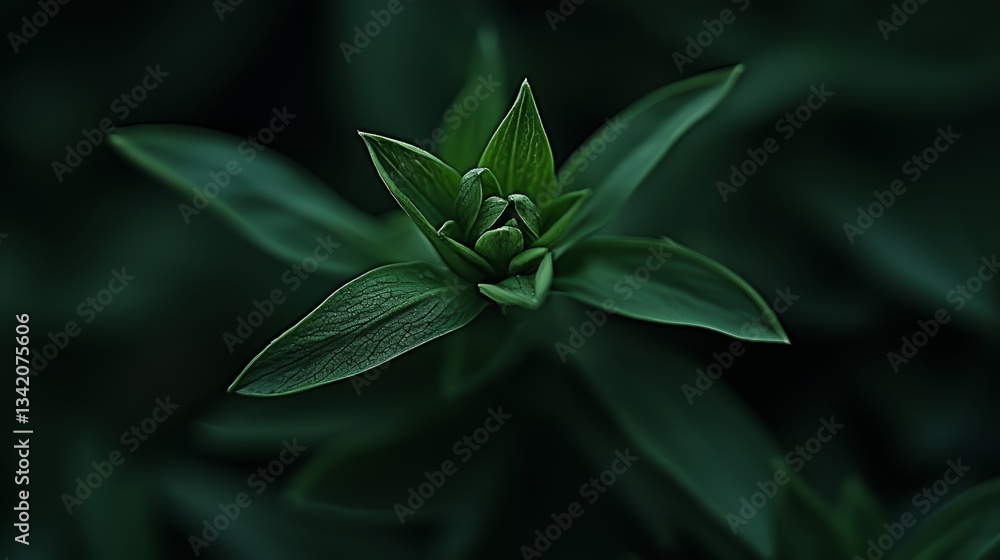 Poster close up of a green leafy plant with a dark background. concept of calm and tranquility, as the focu