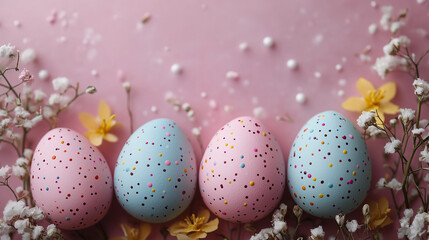 Pastel Easter eggs on pink background with flowers