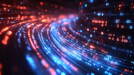 Abstract Digital Data Stream with Red and Blue Glowing Lines