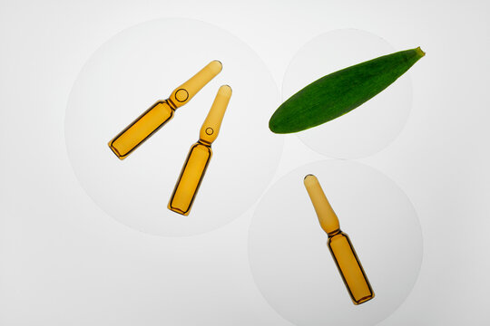 Ampoules and Leaf Displayed on a Minimalist White Background