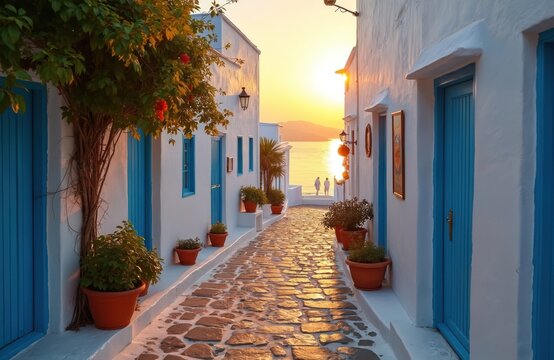 Cobblestone street leads to aegean sea during sunset. Traditional whitewashed houses with blue doors. Typical island village. Two people watching sunset. Summer vacation background.