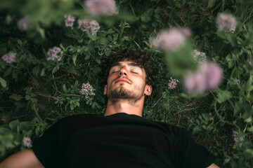 Relaxed young man lying in a flower field, peaceful connection with nature