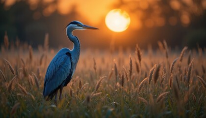 Obraz premium Heron Standing in Field at Sunset Wildlife Observation Serene Nature