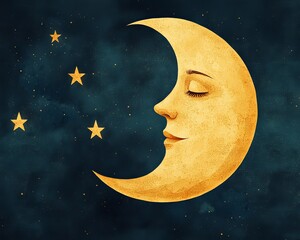 A serene crescent moon with a face, surrounded by stars against a dark sky, evokes a dreamy night atmosphere.