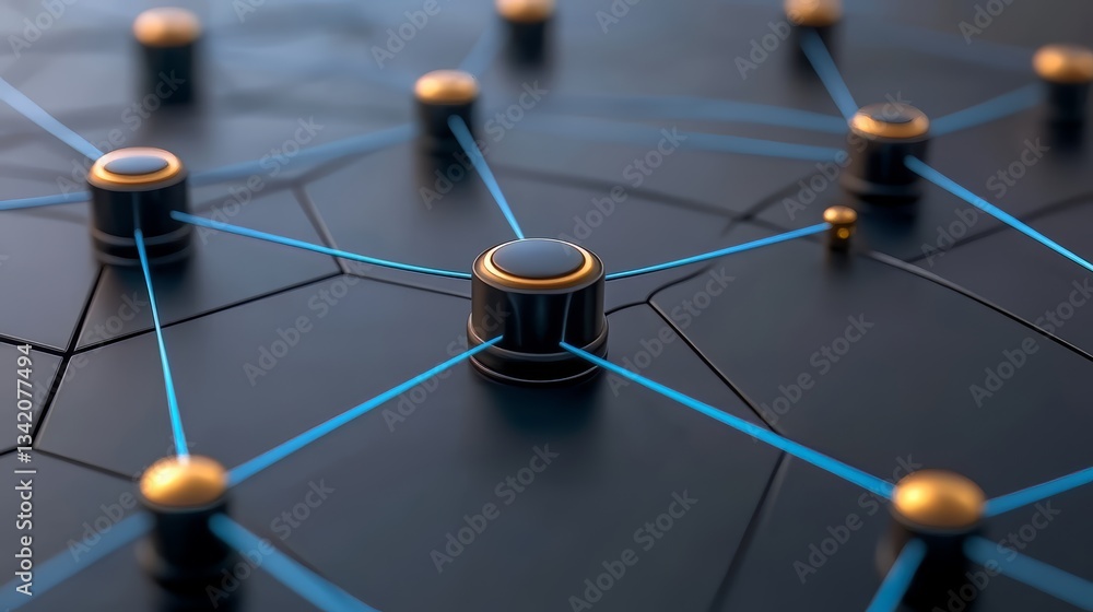 Poster Close up of a network of nodes with a blue and gold color scheme. The nodes are connected to each other in a web-like pattern. Concept of interconnectedness and complexity