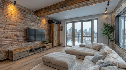 A modern living room showcases a brick wall and urban view