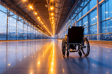 Airport Wheelchair, Empty Corridor, Cityscape View, Accessibility Focus, Commercial Use