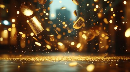Floating golden objects and sparkling light create a celebratory atmosphere