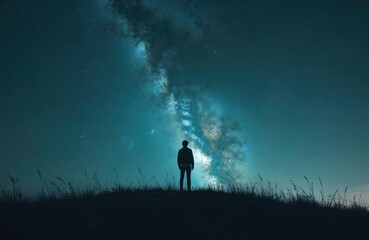 Fototapeta premium Silhouette of man standing on hill under starry sky. Night scene features milky way in dark blue sky. Person contemplates universe, appreciates natural beauty, explores astronomy, dreams future.