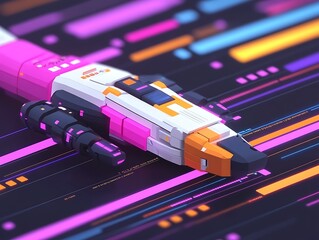 A futuristic technological spacecraft rests on a digital patterned surface