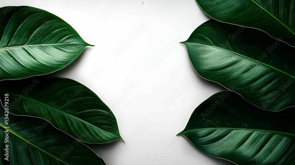 Poster Close up of green leaves with a white background. The leaves are arranged in a way that creates a sense of depth and dimension. The image conveys a feeling of freshness and vitality