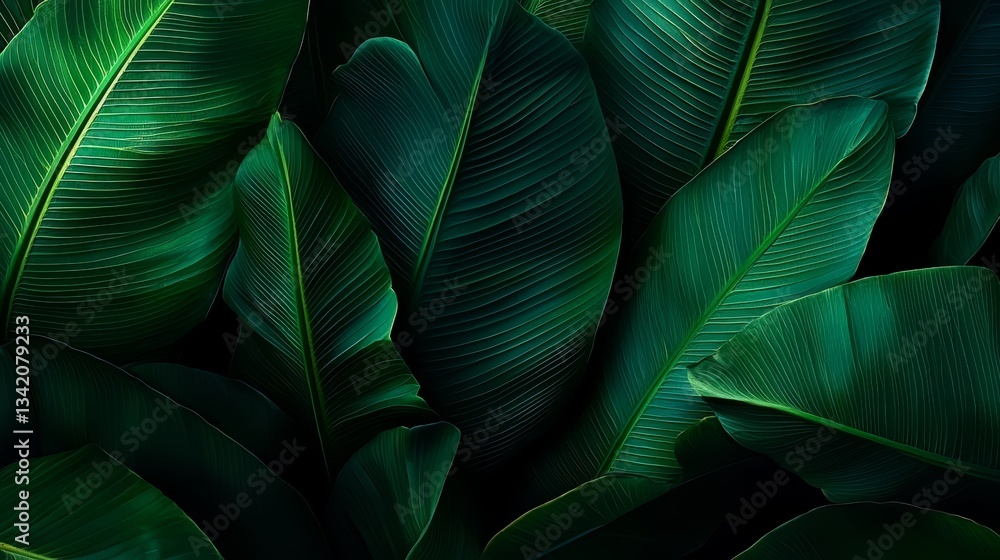 Poster close up of green leaves with a dark background. the leaves are very large and the background is dar