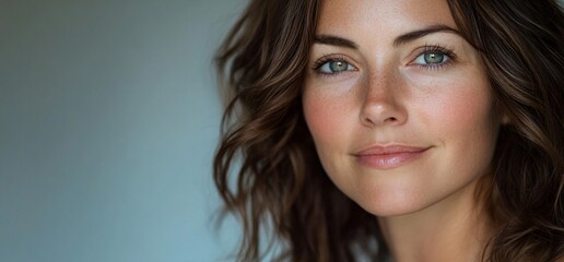 Obraz premium Close-Up Portrait of a Smiling Woman with Green Eyes and Brown Hair