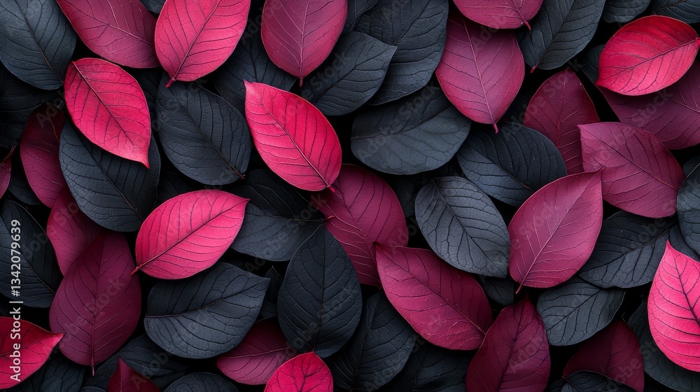Poster Close up of leaves with a black and red color scheme. The leaves are arranged in a way that creates a sense of depth and texture. The image evokes a feeling of nature and tranquility