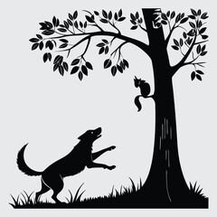 a dog chasing a squirrel up a tree  image silhouette design vector art and illustration