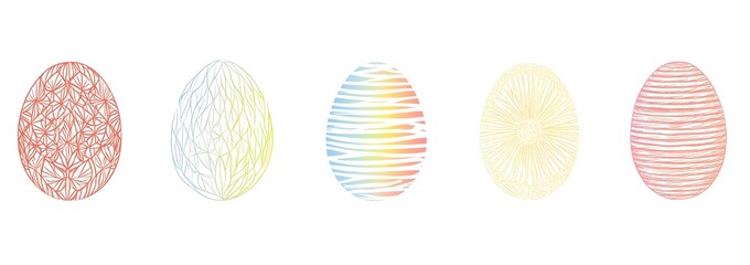 Five line - art Easter eggs with different colors and patterns, great for minimalist, Easter - inspired, and graphic - design projects.