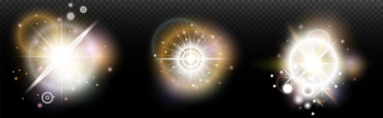 Set of flash light effect with glare and glow on a transparent background. Magic, rainbow glow, shining light, stars, optical flares for design, photomontage, New Year and holiday projects.