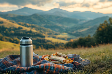 A cozy mountain picnic on a grassy hilltop with a thermos of tea, fresh sandwiches, and a soft plaid blanket. Stunning panoramic valley view, golden sunlight, peaceful nature scene, ultra-HD stock ima