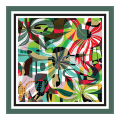 Obraz premium Luxury abstract, colorful tropical artwork with overlapping geometric shapes and botanical elements.