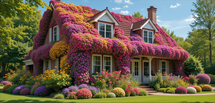 House Covered in Flowers with Beautiful Garden Landscape and Blue Sky