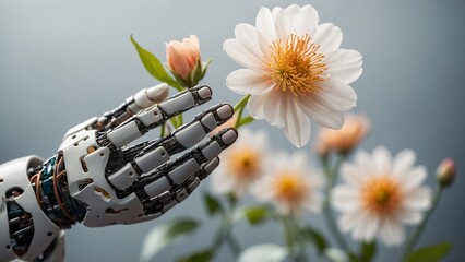robotic hand gently holding a flower