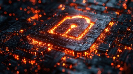An illuminated circuit board displays a digital padlock symbol