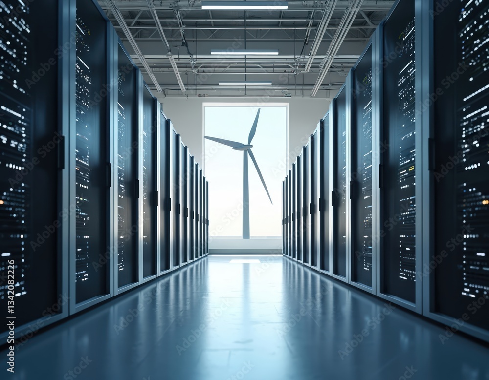Leinwandbilder modern data center powered by renewable energy. wind turbine outside window. sustainable tech, eco i