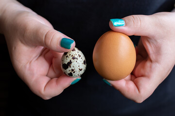 A woman is carefully holding a quail egg next to a regular egg