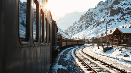 Winter Scenic Train Journey through Snow-Capped Mountains