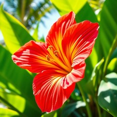 Fototapeta premium High-resolution stock photo of a professional-quality Miami commercial poster, featuring a close-up of a vibrant tropical flower with intricate details, showcasing lush greenery 