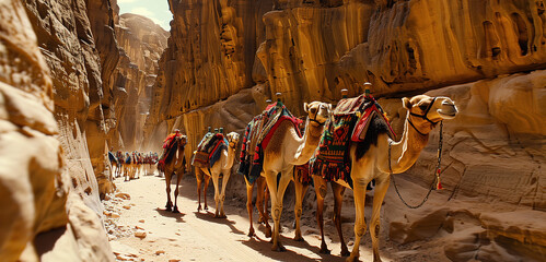 camel caravan navigating a narrow canyon pass