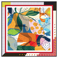Obraz premium Colorful abstract square scarf design camouflage featuring flowing shapes and patterns in vibrant hues, framed by bold borders, It could be used as a wallpaper, fabric design, pillow cover.