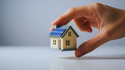 Green Energy Home Design: Hand Placing Solar Model House on Surface | Eco-Friendly Home Concept: Hand Holding Mini Solar-Powered House | Hand Placing Solar-Powered Model Home on Table