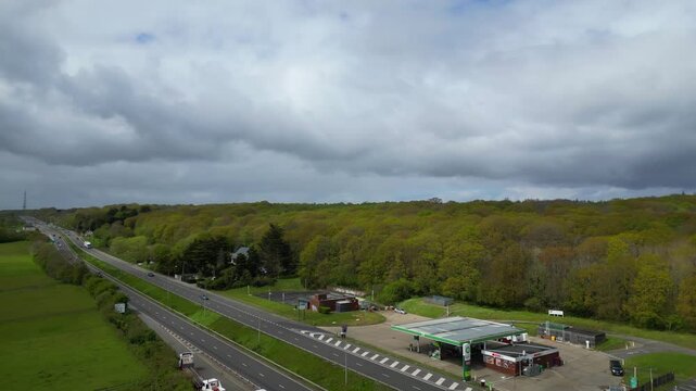 High Angle British Agricultural Farms at Gorgeous Countryside Landscape of England Great Britain of United Kingdom. Footage Was Captured with Drone's Camera from Medium High Altitude