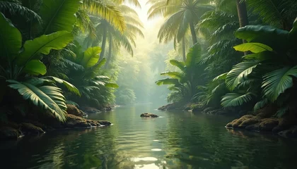 Fototapete Toilette Rich tropical jungle with river, palm trees. Green rainforest landscape with calm waters, stones, dense vegetation. Natural zen background, exotic summer vacation destination, nature exploration.  © Pete