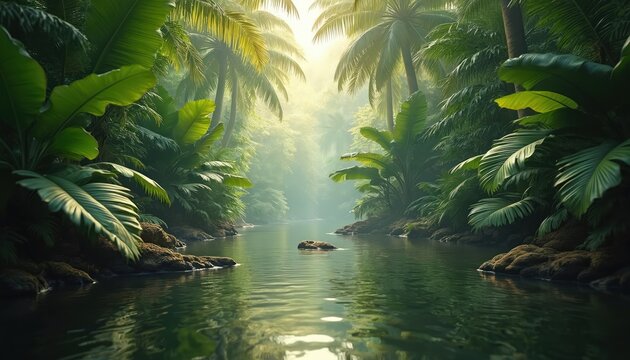 Fototapeta Rich tropical jungle with river, palm trees. Green rainforest landscape with calm waters, stones, dense vegetation. Natural zen background, exotic summer vacation destination, nature exploration.