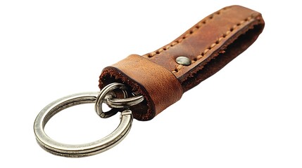 A luxurious leather keychain, spotlighted, isolated on white background