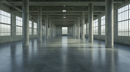 Vast Industrial Interior: A Symphony of Concrete and Light
