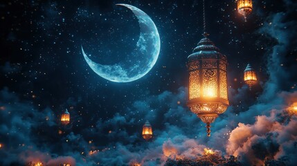 Fototapeta premium Crescent moon and lanterns illuminating a starry night sky