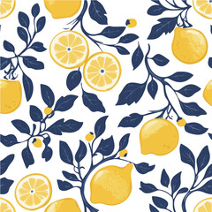 A simple flat 2D vector seamless pattern, Sicilian ceramic style tile with traditional Italian lemons and antique motifs on a white background, vector design