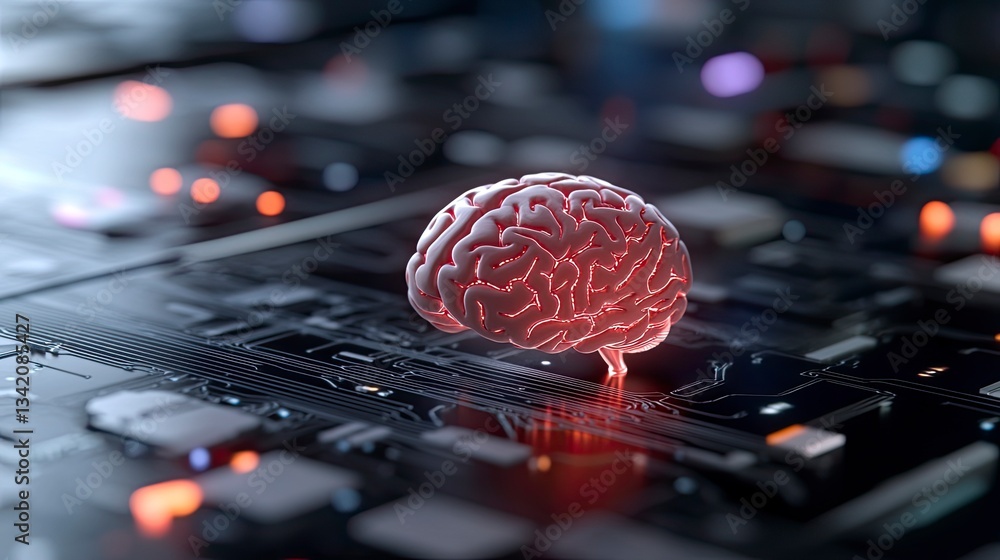Poster a 3d rendered human brain model rests on a circuit board, symbolizing artificial intelligence and ne
