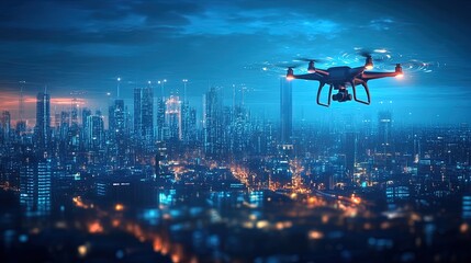 Naklejka premium A futuristic cityscape with drones and autonomous vehicles managing logistics 