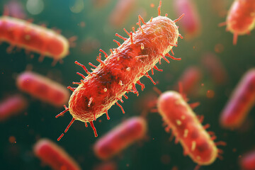 Fototapeta premium Generative AI illustration of microscopic bacterial forms showcasing vivid molecular structures and glowing effects