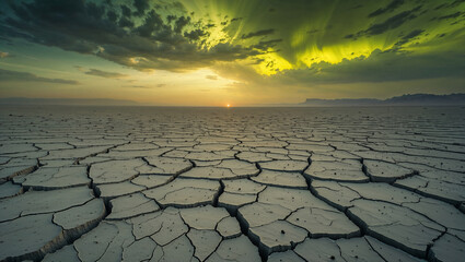 Cracked desert floor under dramatic colorful sky at sunset.